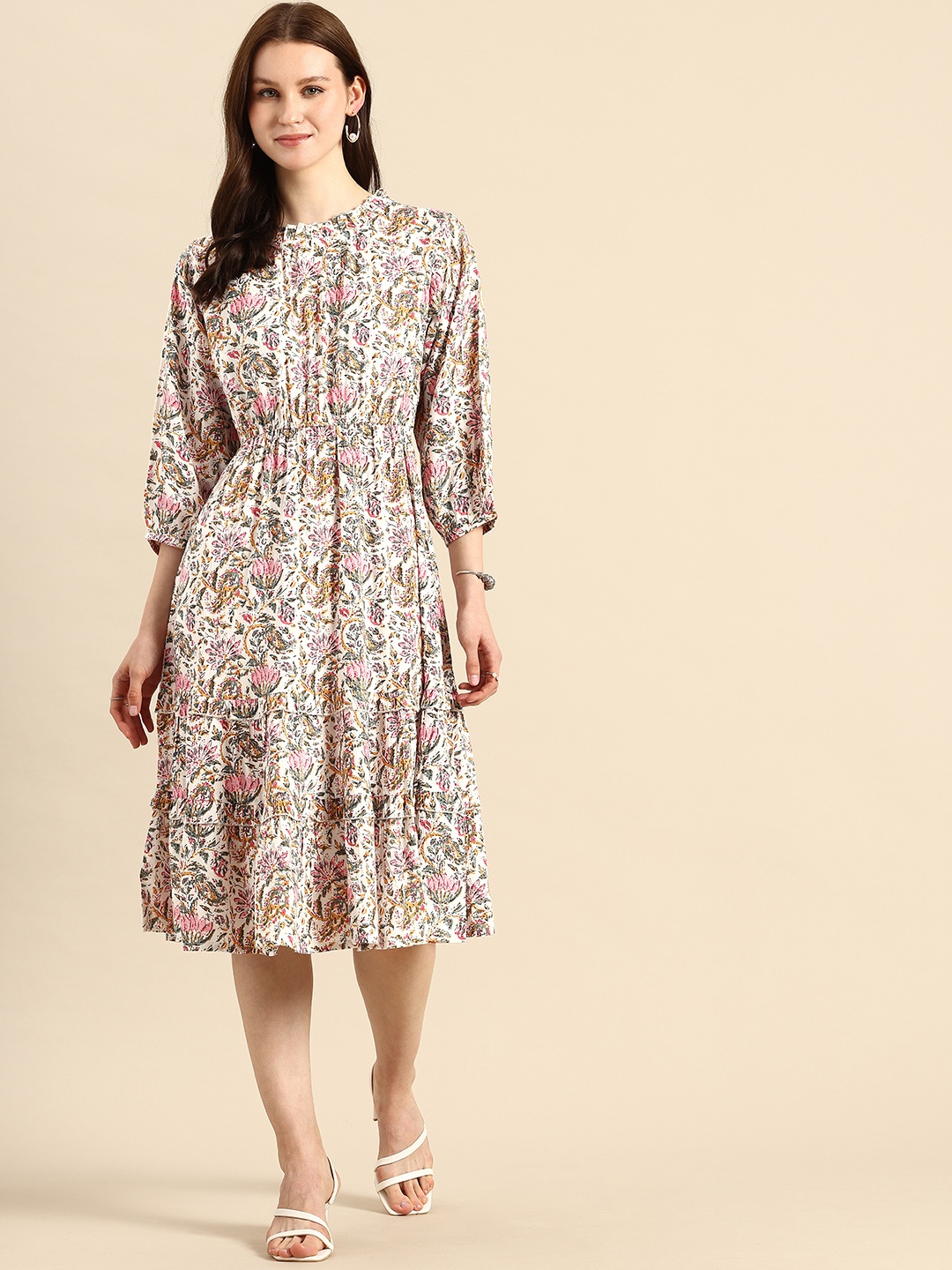 

A&K Floral Printed Gathered or Pleated Fit & Flare Dress, White