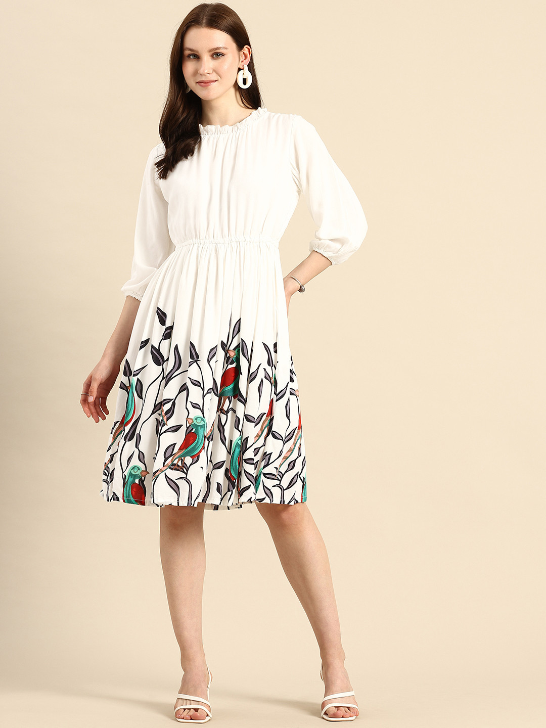

A&K Floral Printed Gathered or Pleated Fit & Flare Dress, White