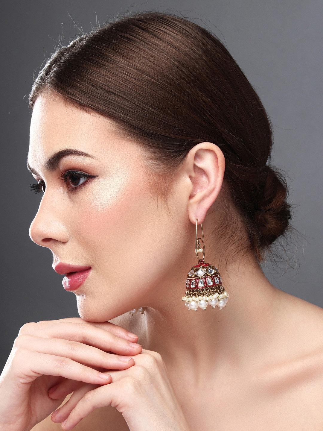 

Anvik Gold Plated Kundan Studded Contemporary Jhumkas, Pink