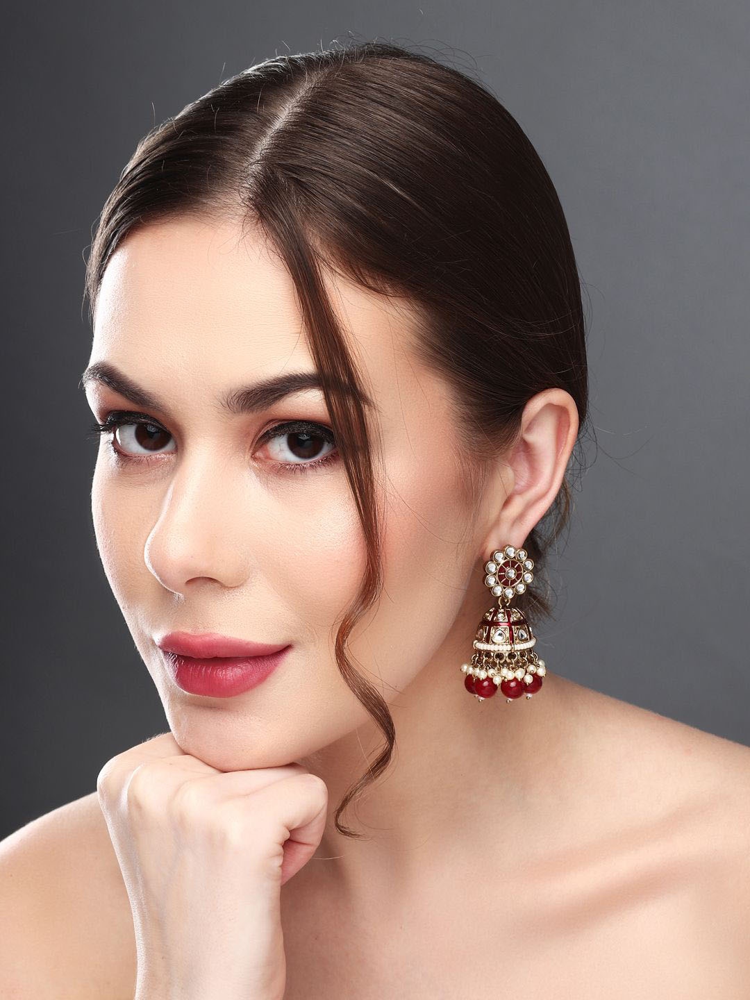 

Anvik Gold Plated Beaded Contemporary Jhumkas, Red