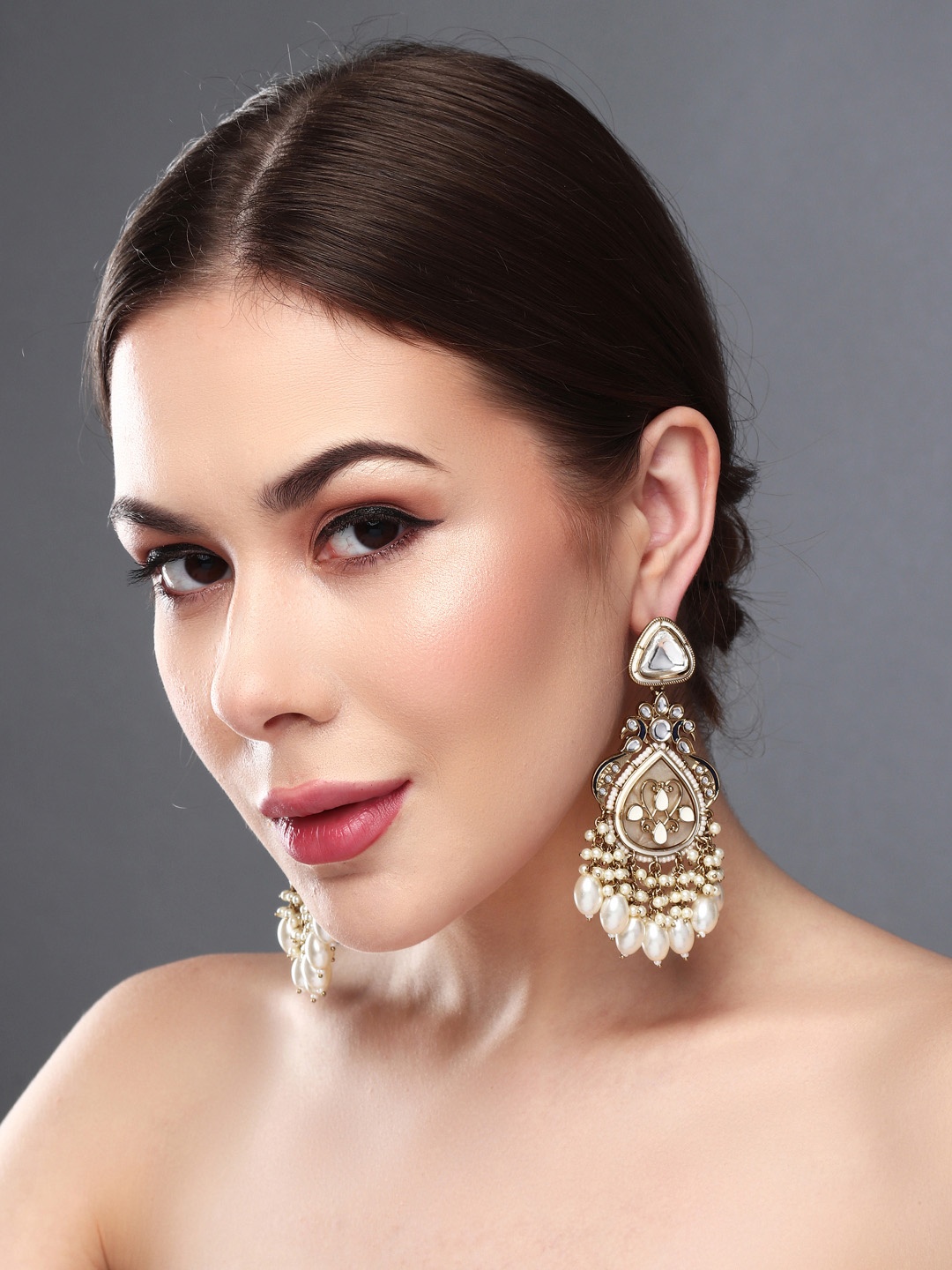 

Anvik Gold Plated Kundan Studded Contemporary Drop Earrings, White