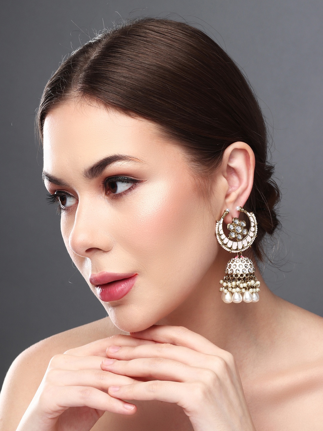 

Anvik Gold Plated Kundan Studded Contemporary Jhumkas, White