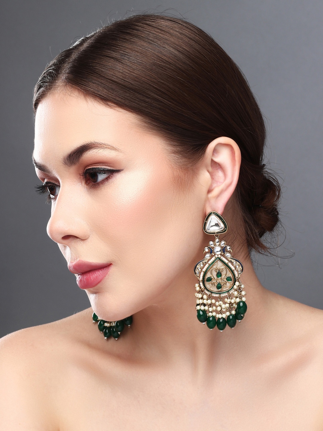 

Anvik Gold Plated Kundan Studded Contemporary Drop Earrings, Green