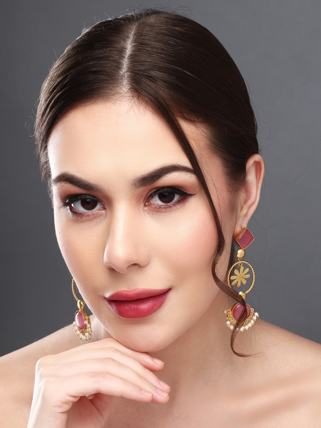 

Anvik Gold-Plated Stone Studded Contemporary Drop Earrings, Pink