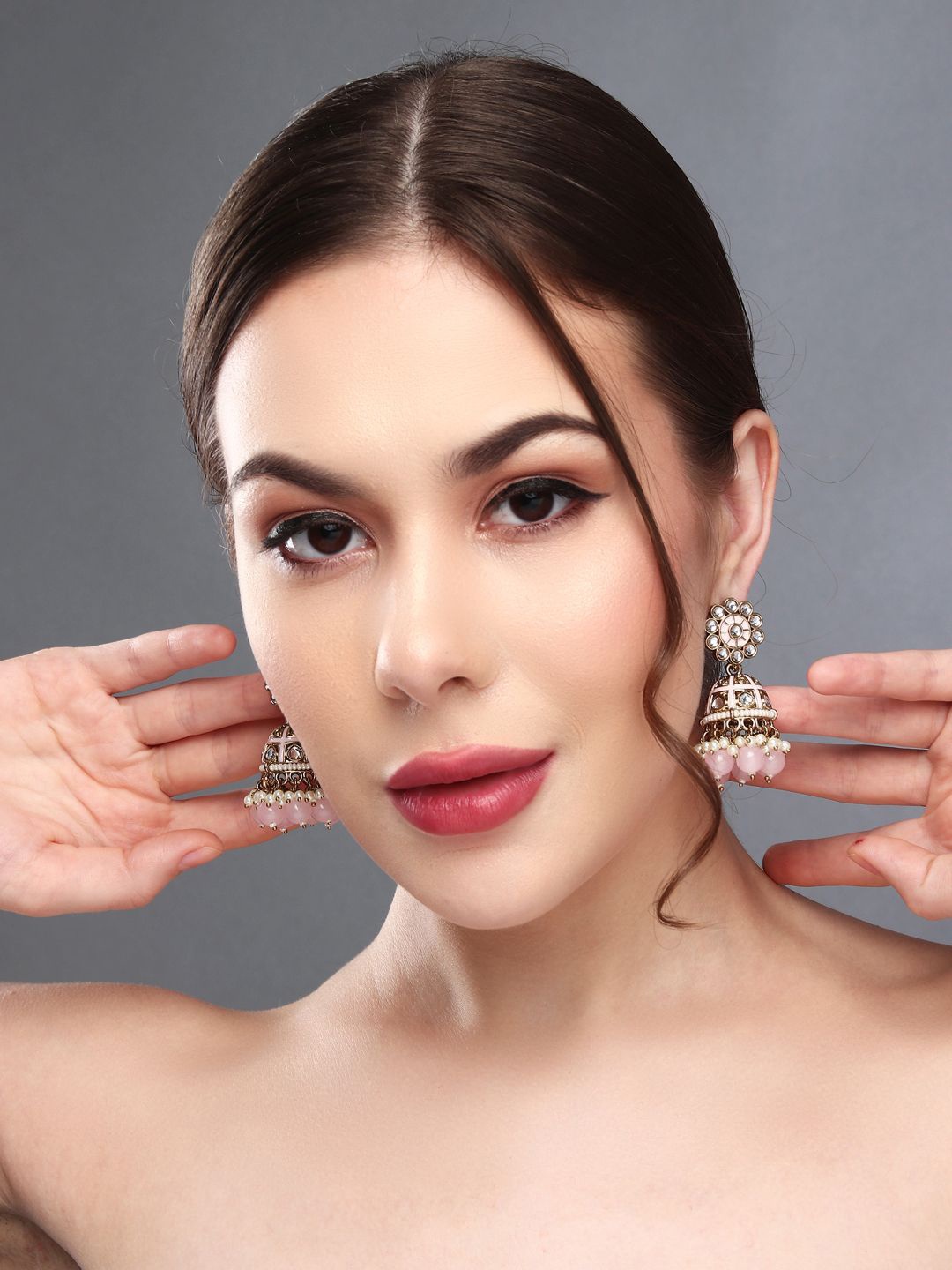 

Anvik Gold Plated Kundan Studded Contemporary Jhumkas, Pink