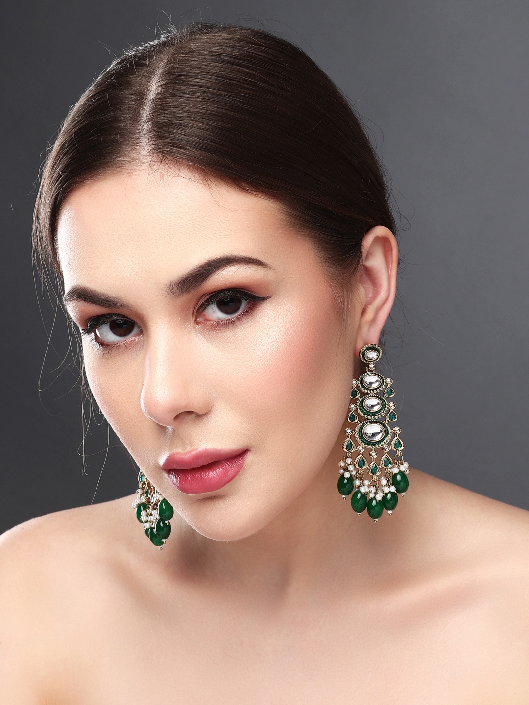 

Anvik Gold Plated Kundan Studded Contemporary Drop Earrings, Green