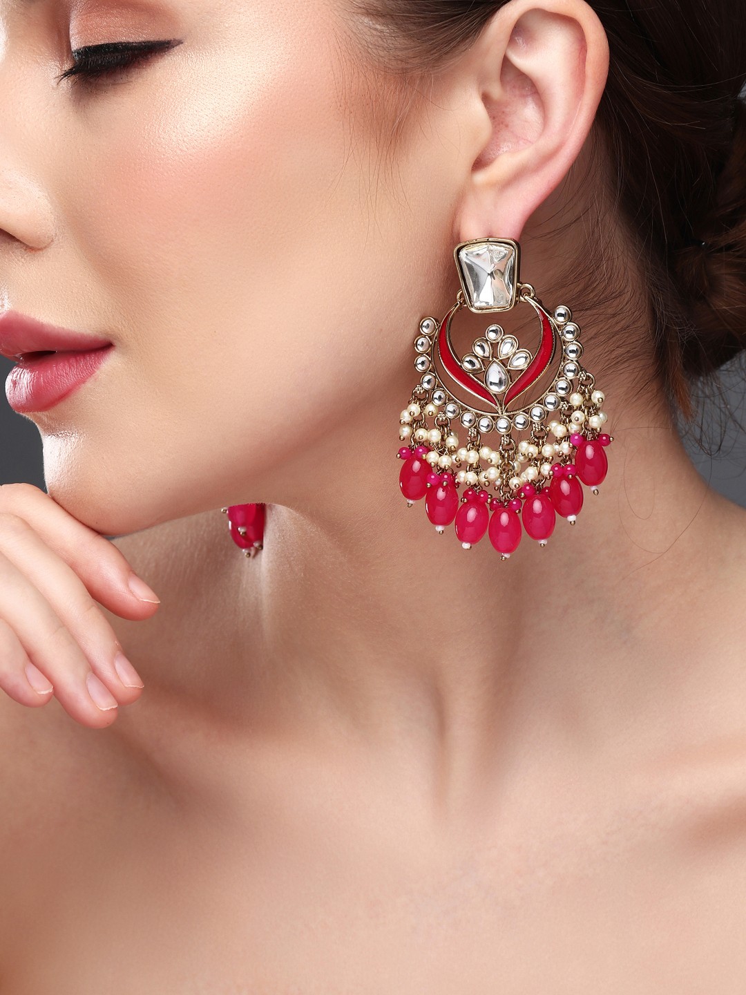 

Anvik Gold Plated Kundan Studded Contemporary Chandbalis Earrings, Pink