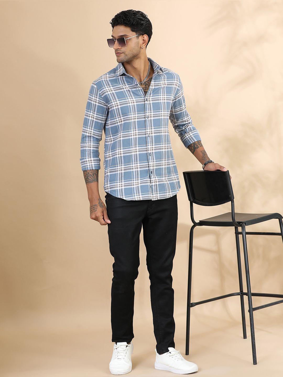 

Bushirt Men Classic Spread Collar Tartan Checked Cotton Casual Shirt, Blue