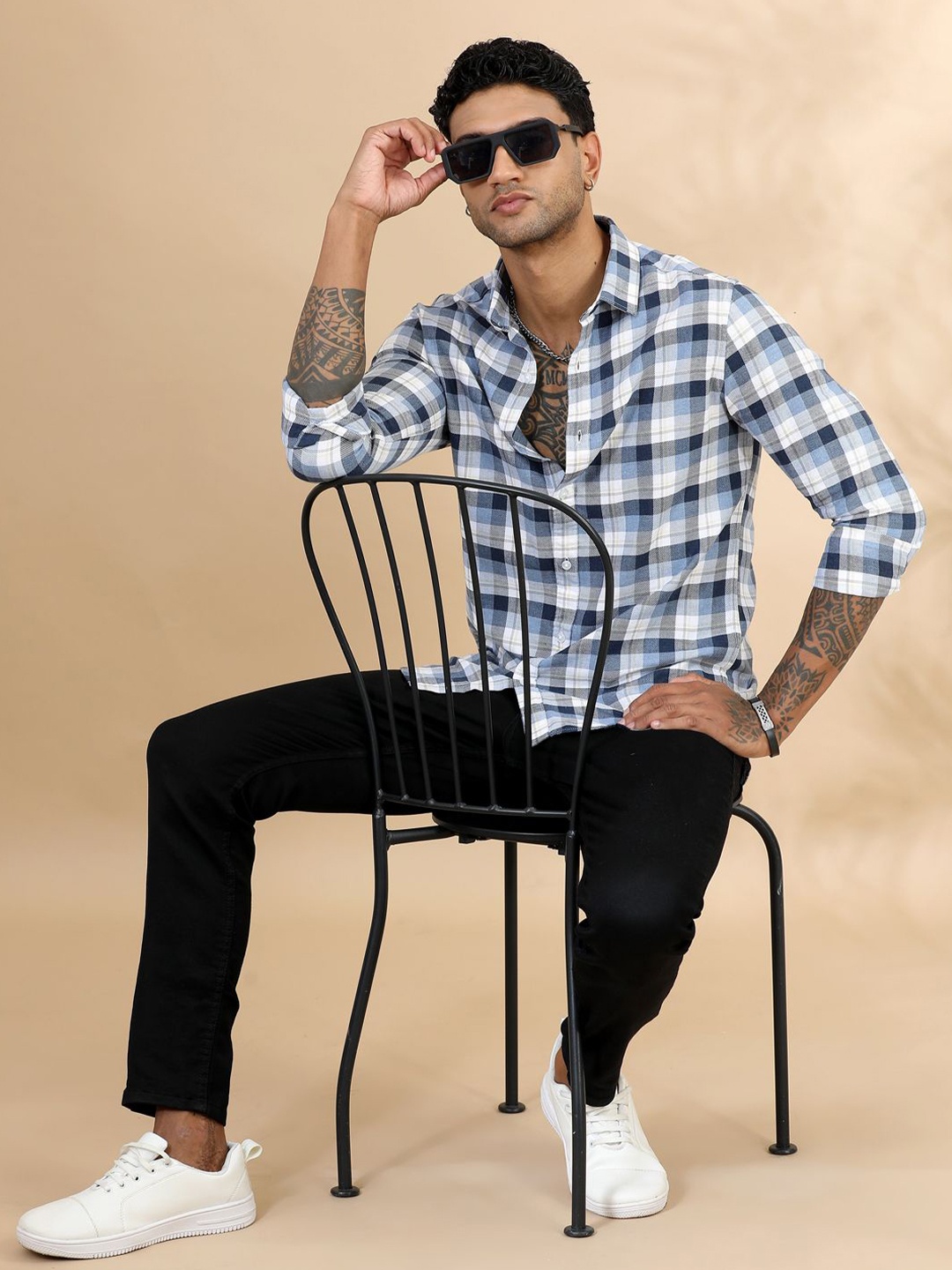 

Bushirt Men Classic Spread Collar Tartan Checked Cotton Casual Shirt, Blue