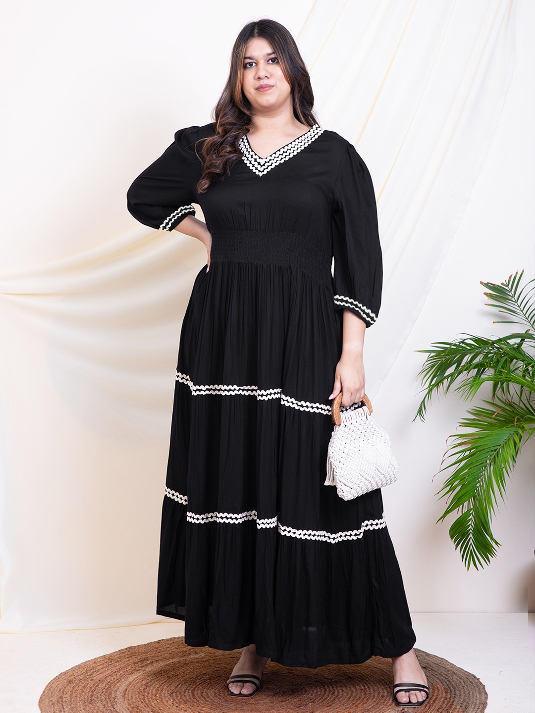 

DEEBACO Women Puff Sleeve Fit & Flare Maxi Dress, Black