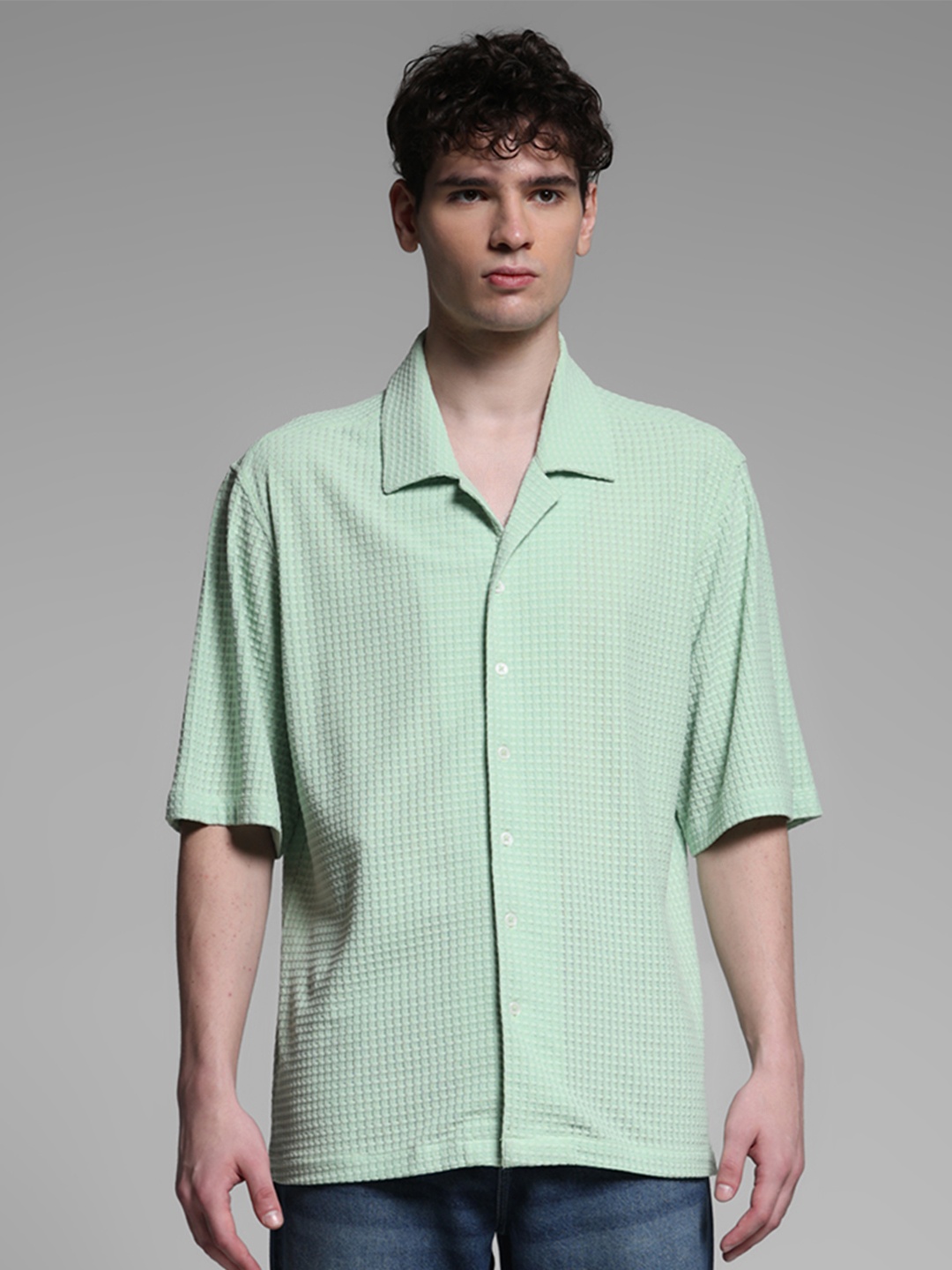 Jack & Jones Men Cuban Collar Textured Oversized Casual Shirt, Beige