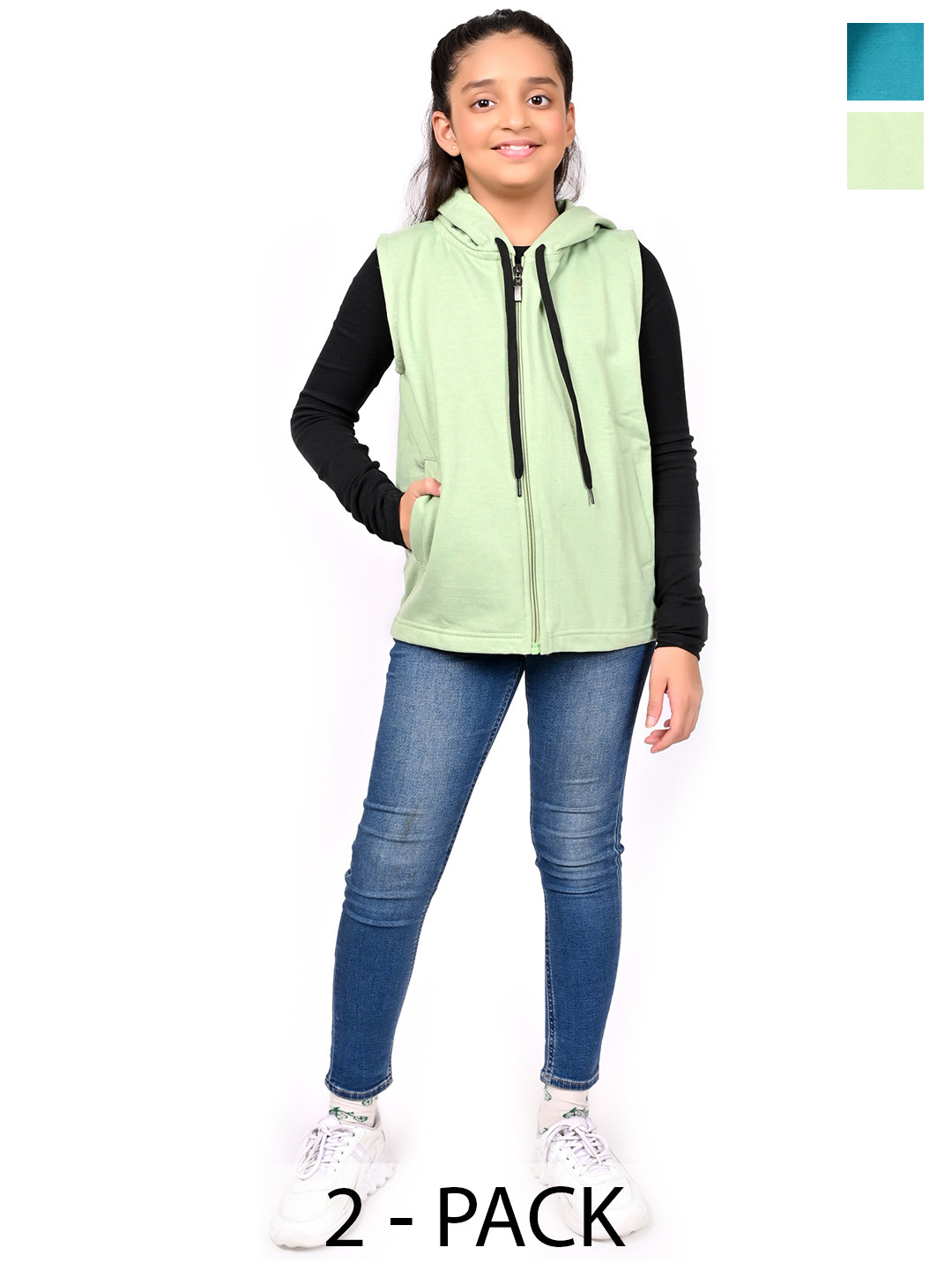 

BAESD Girls Pack Of 2 Solid Hooded Fleece Front Open Sweatshirts, Green