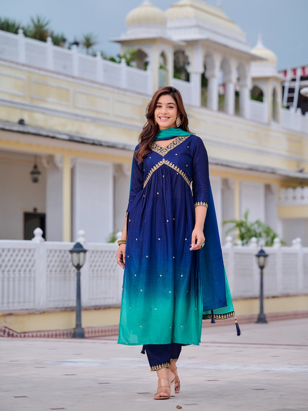 

KALINI Ombre Dyed Empire Sequinned Anarkali Kurta with Trousers & Dupatta, Navy blue