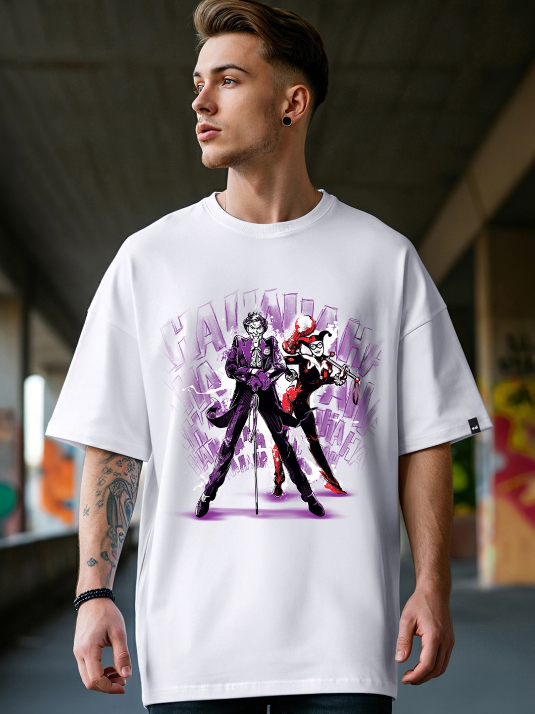 

Bewakoof Men Joker Graphic Printed Round Neck Cotton Oversized T-shirt, White