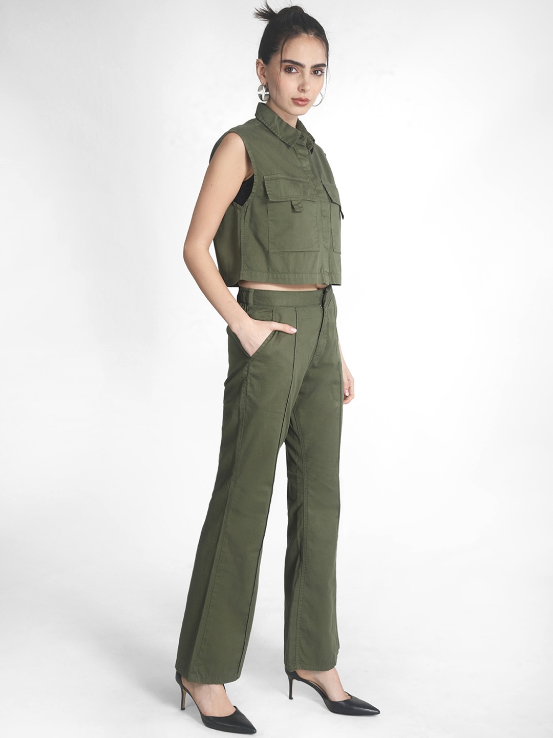 

IVOC Women Pure Cotton Shirt With Trousers Co-Ords Set, Olive