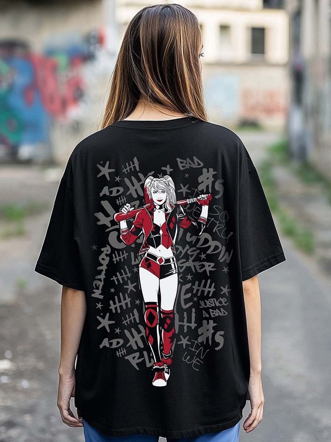 

Bewakoof Women Graphic Printed Round Neck Cotton Oversized T-shirt, Black