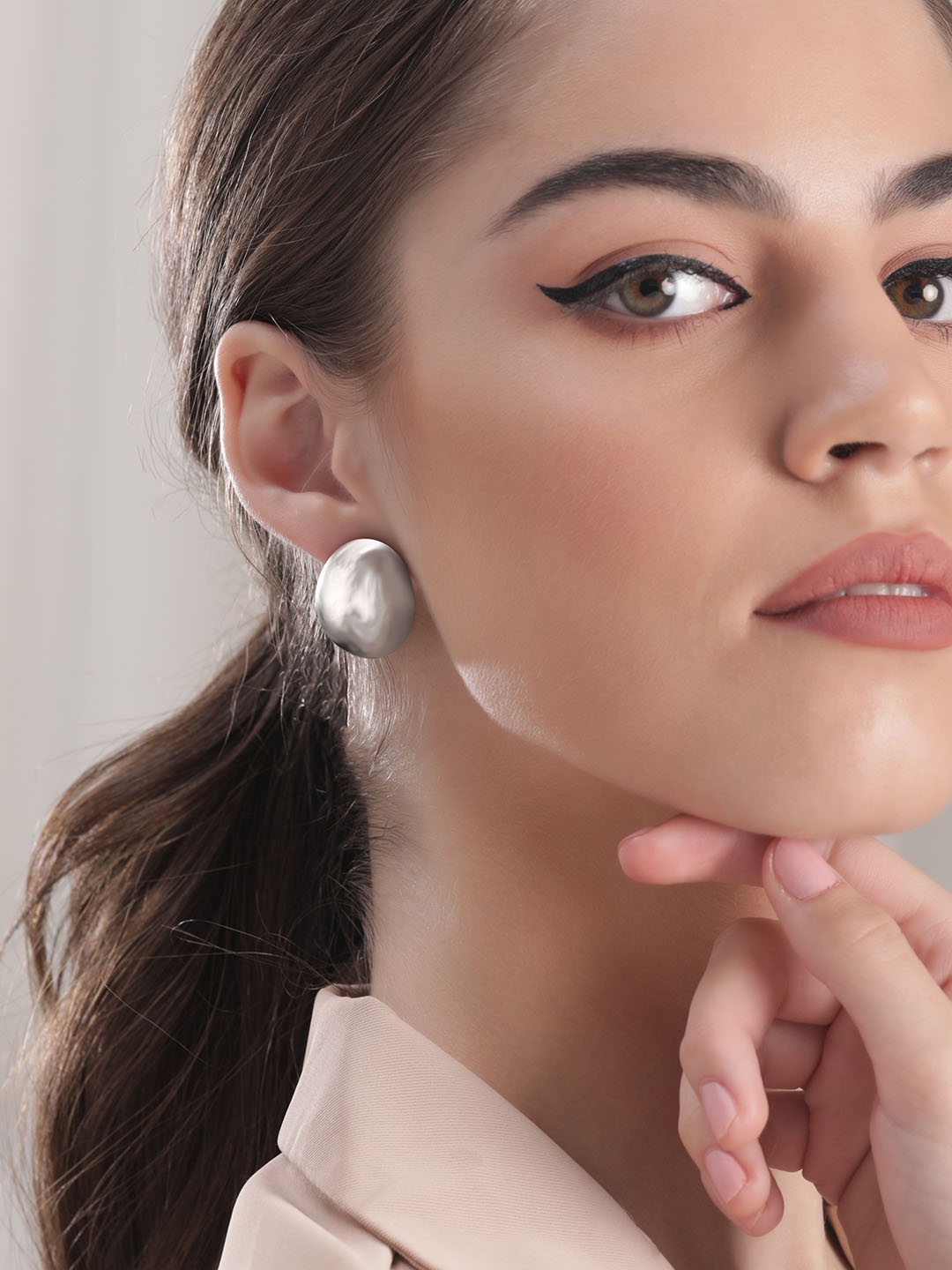 

Rubans Rhodium Plated Silver Tone Classic Round Stud Earrings with Elegant Design