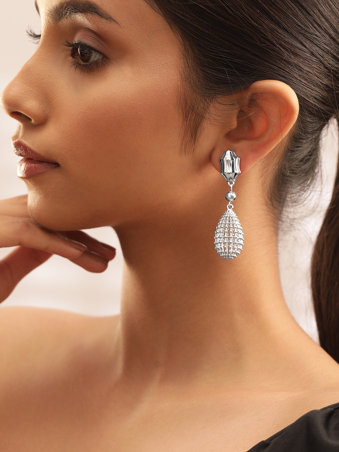 

Rubans Silver-Plated Intricately Designed Drop Earrings with Beaded Detailing
