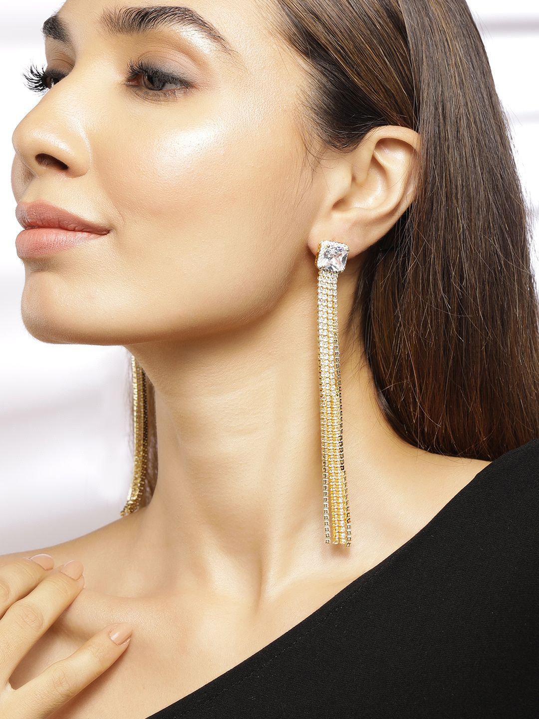 

Rubans 18K Gold-Plated Multi-Layered Cubic Zirconia Studded Shoulder Duster Earrings