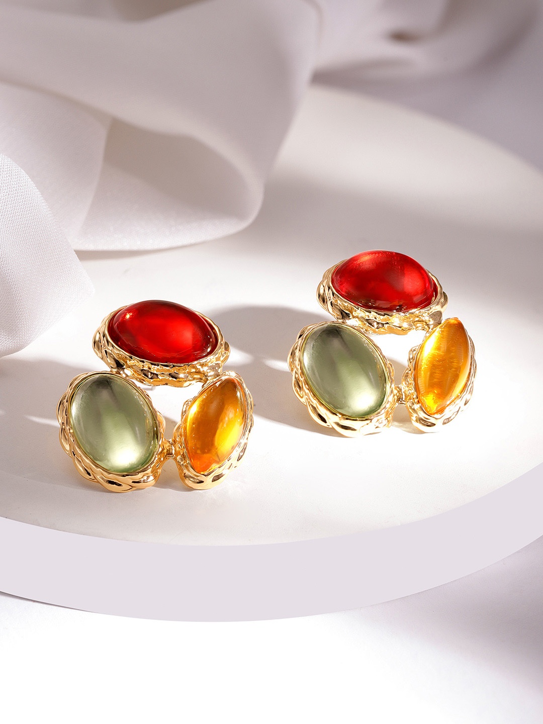 

Rubans 18K Gold Plated Multicolor Oval Stud Earrings with Red, Green & Amber Stones