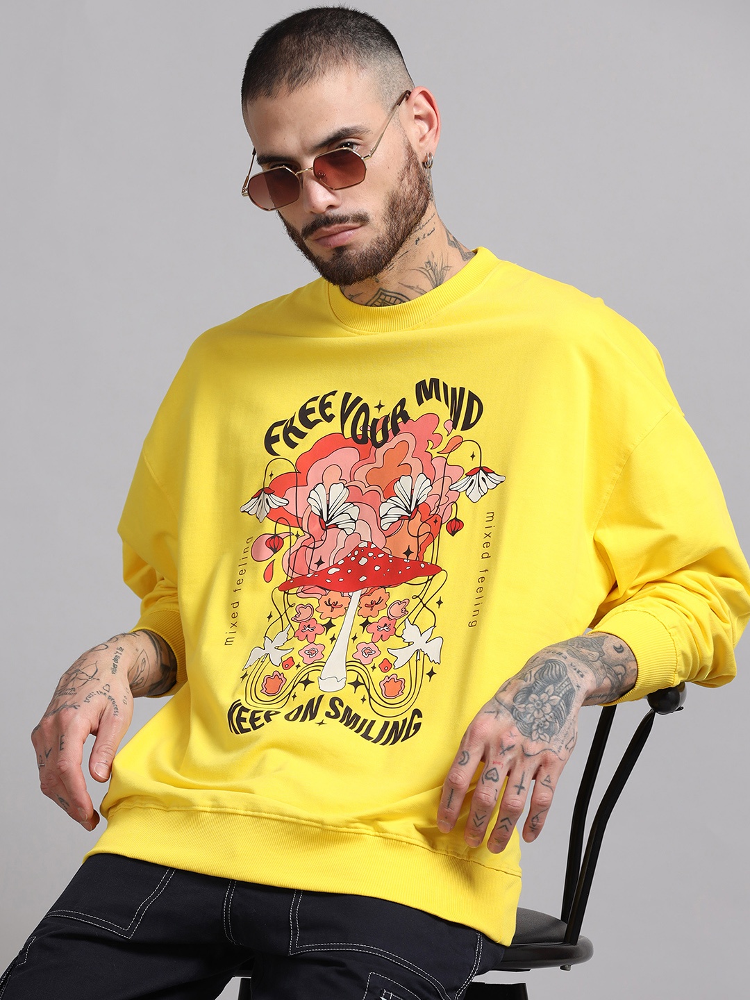 

SILISOUL Men Graphic Printed Round Neck Cotton Pullover Sweatshirt, Yellow