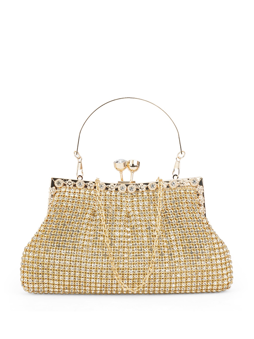 

Globus Women Gold Embellished Curved Shape Party Clutch With Detachable Chain Strap