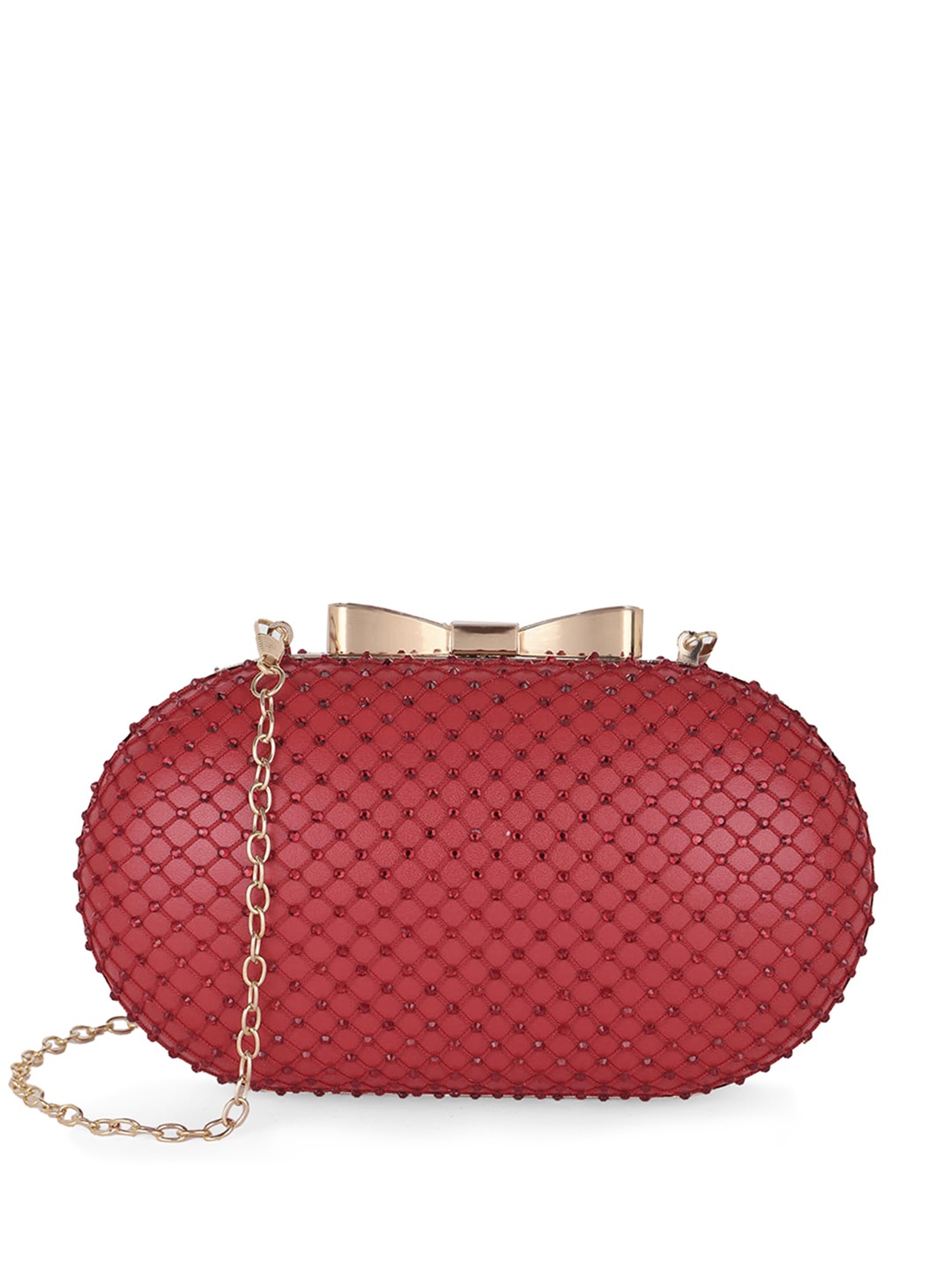 

Globus Women Red Bow Shape Lock Embellished Oval Party Clutch With Detachable Chain Strap