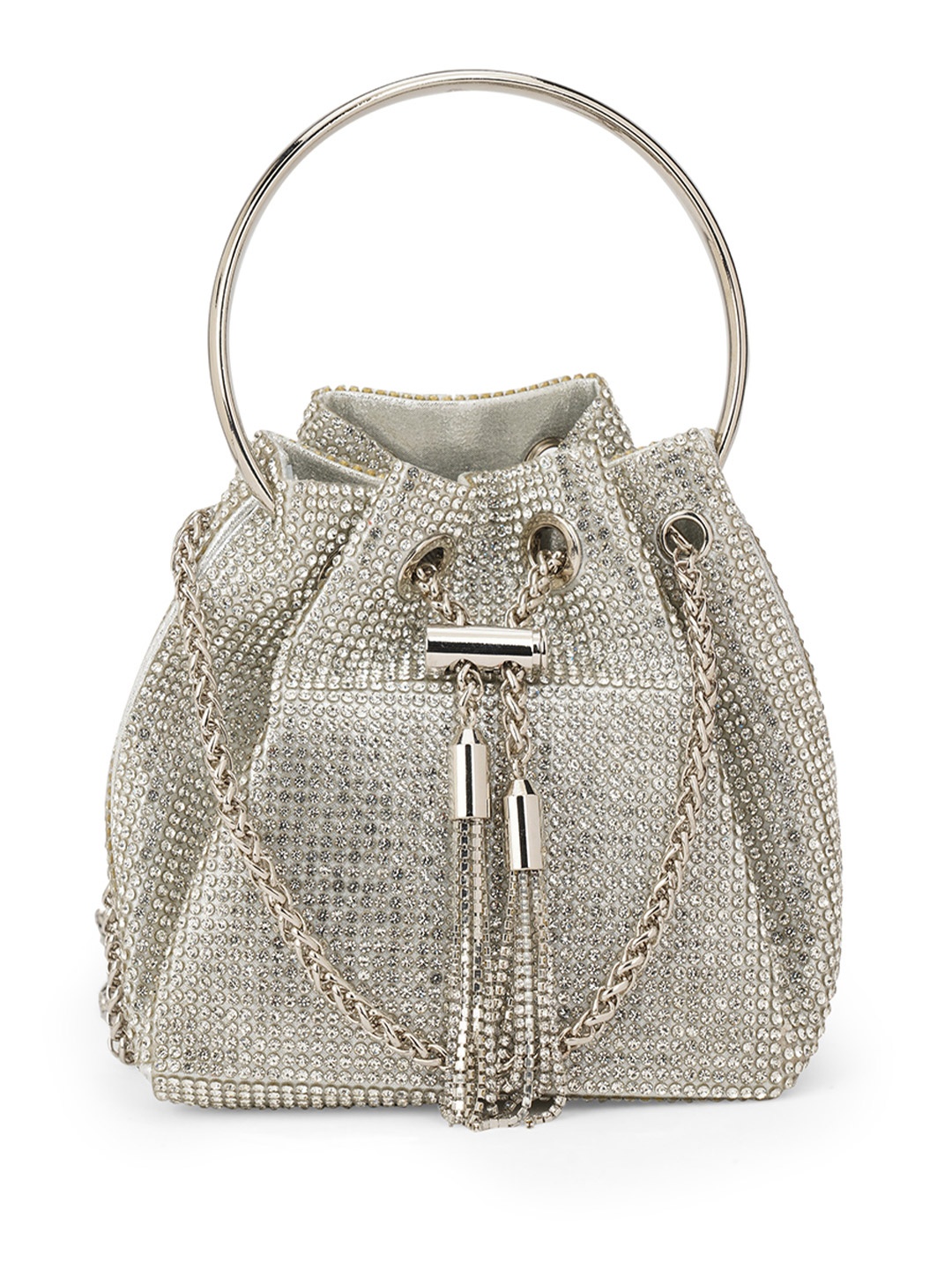 

Globus Women Embellished Metal Handle Handheld Bag With Chain Drawstring Closure, Silver