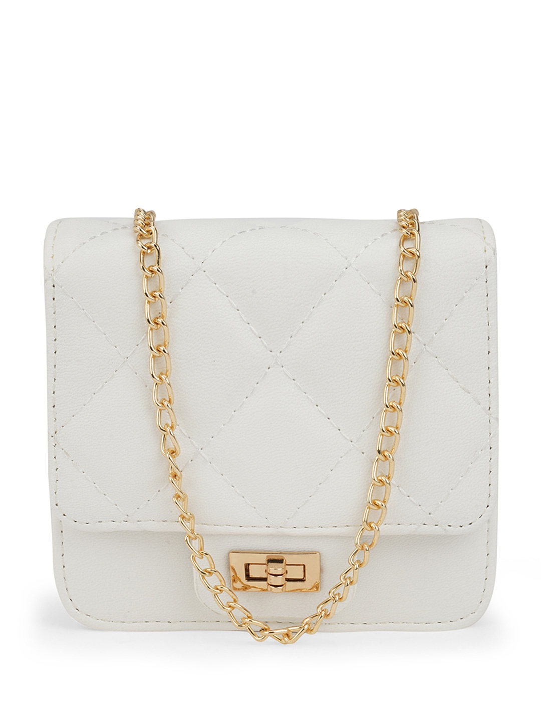 

Globus Puffed Quilted Twistlock Small Square Party Sling Bag With Detachable Chain Strap, White