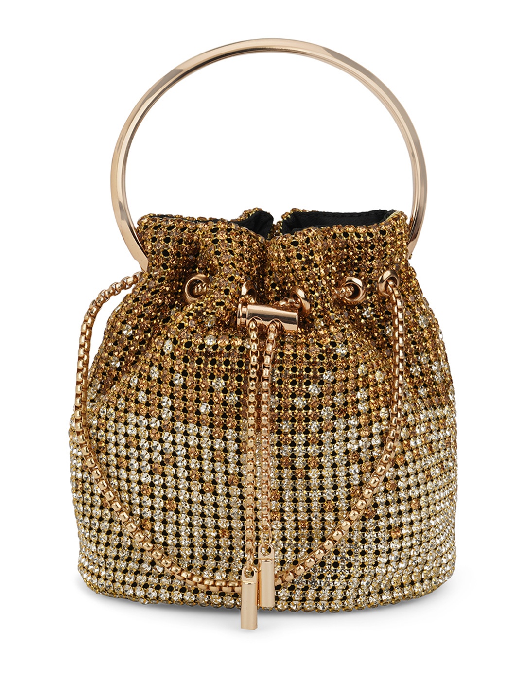 

Globus Women Embellished Metal Handle Party Handheld Bag With Chain Drawstring Closure, Gold