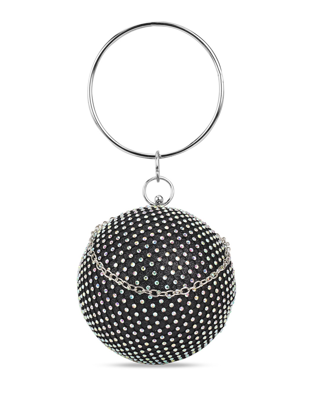 

Globus Embellished Bangle Handle Circle Party Handheld Bag With Detachable Chain Strap, Black