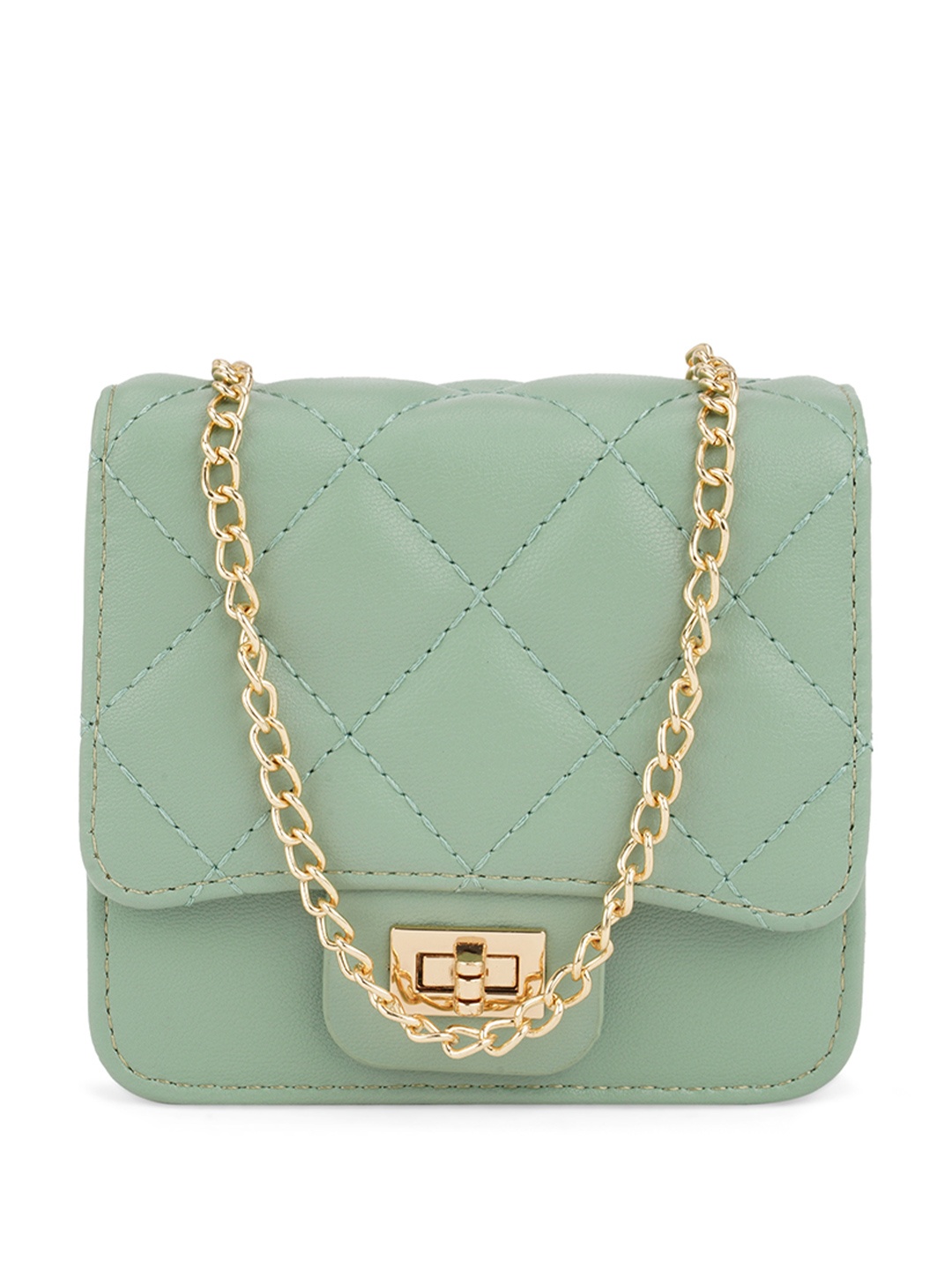 

Globus Women Sea Green Quilted Twistlock Party Sling Bag With Detachable Chain Strap