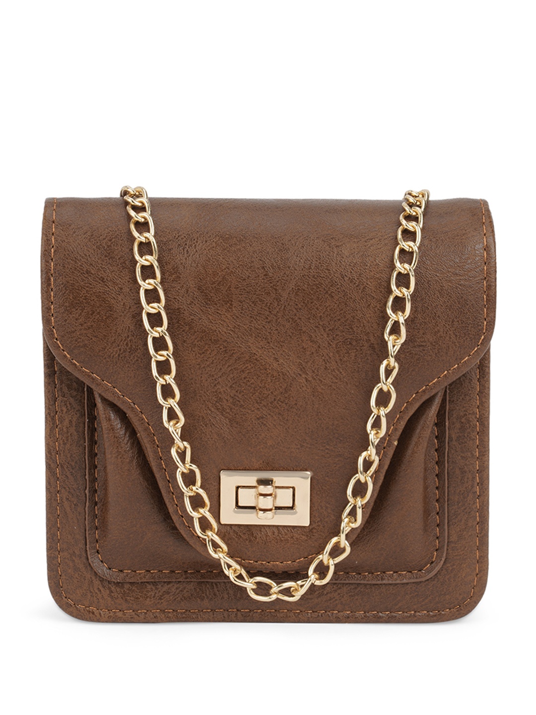 

Globus Women Textured Small Square Party Sling Bag With Detachable Chain Strap, Brown