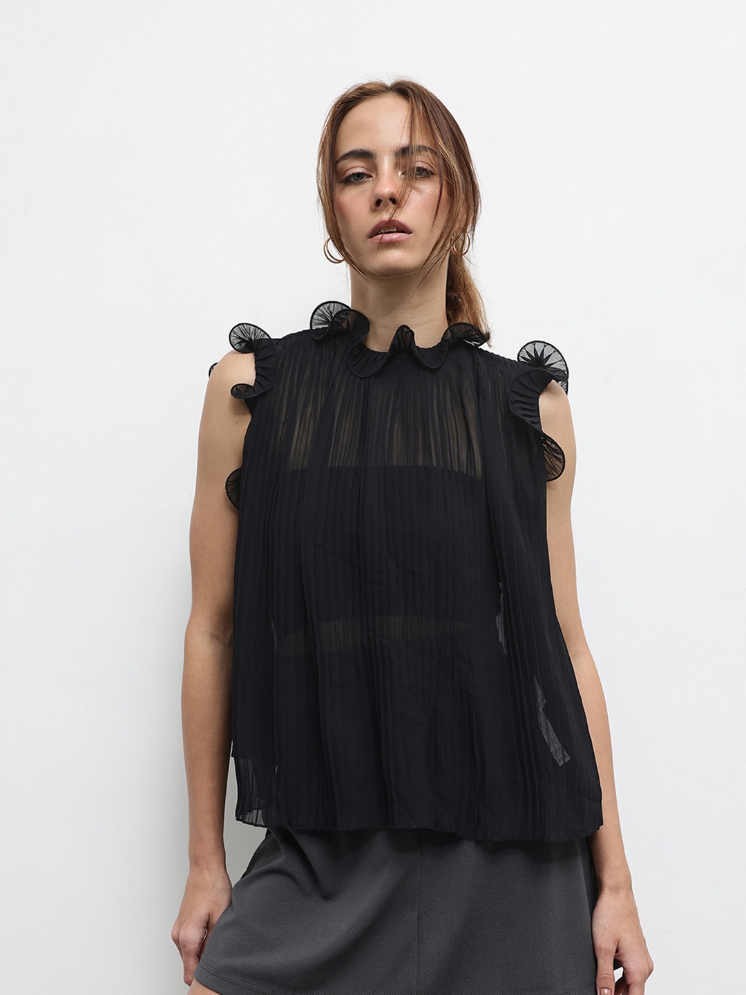 

ZARA Ruffles Semi-Sheer Top, Black