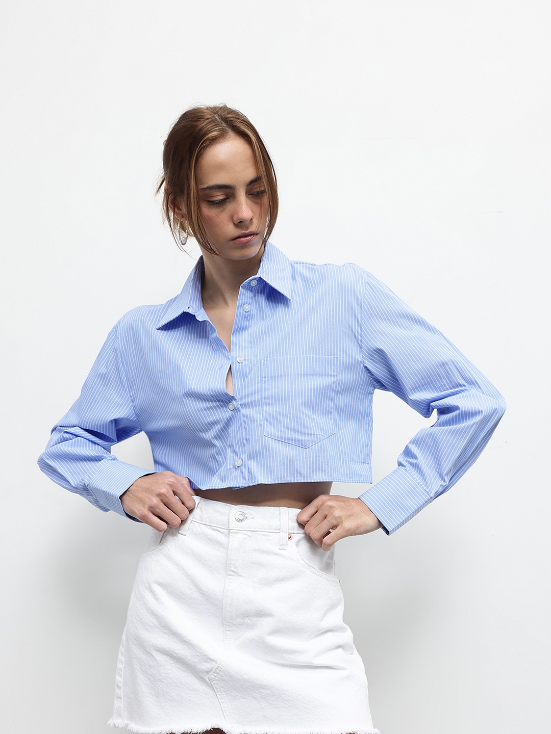

ZARA Striped Cut Out Detail Casual Shirt, Blue