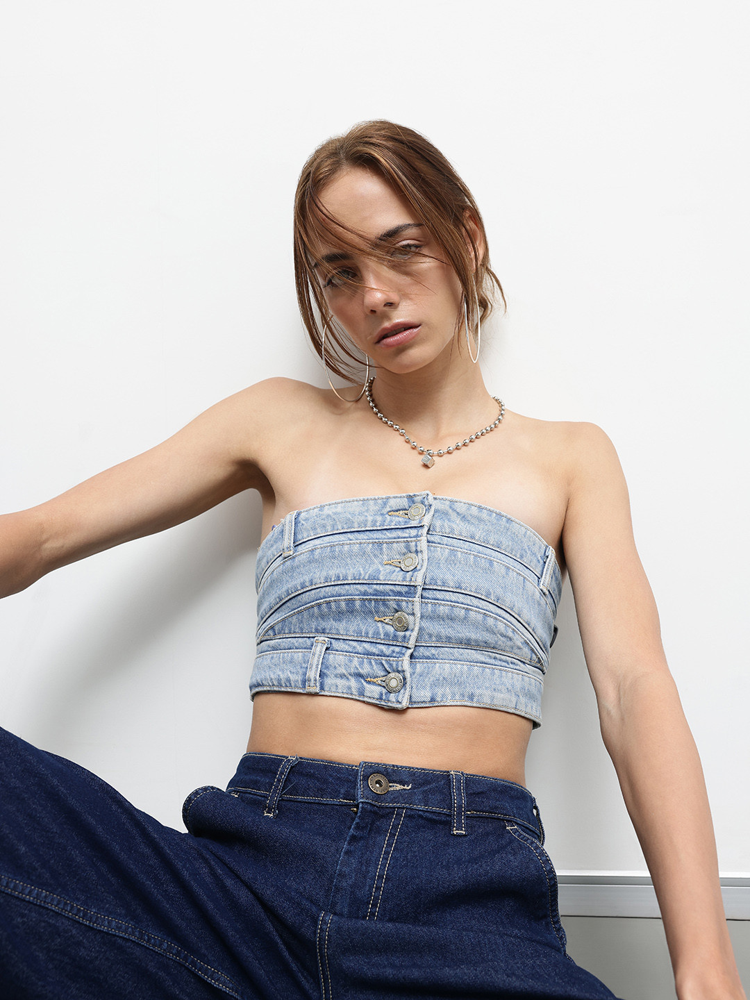 

ZARA Cotton Denim Tube Crop Top, Blue