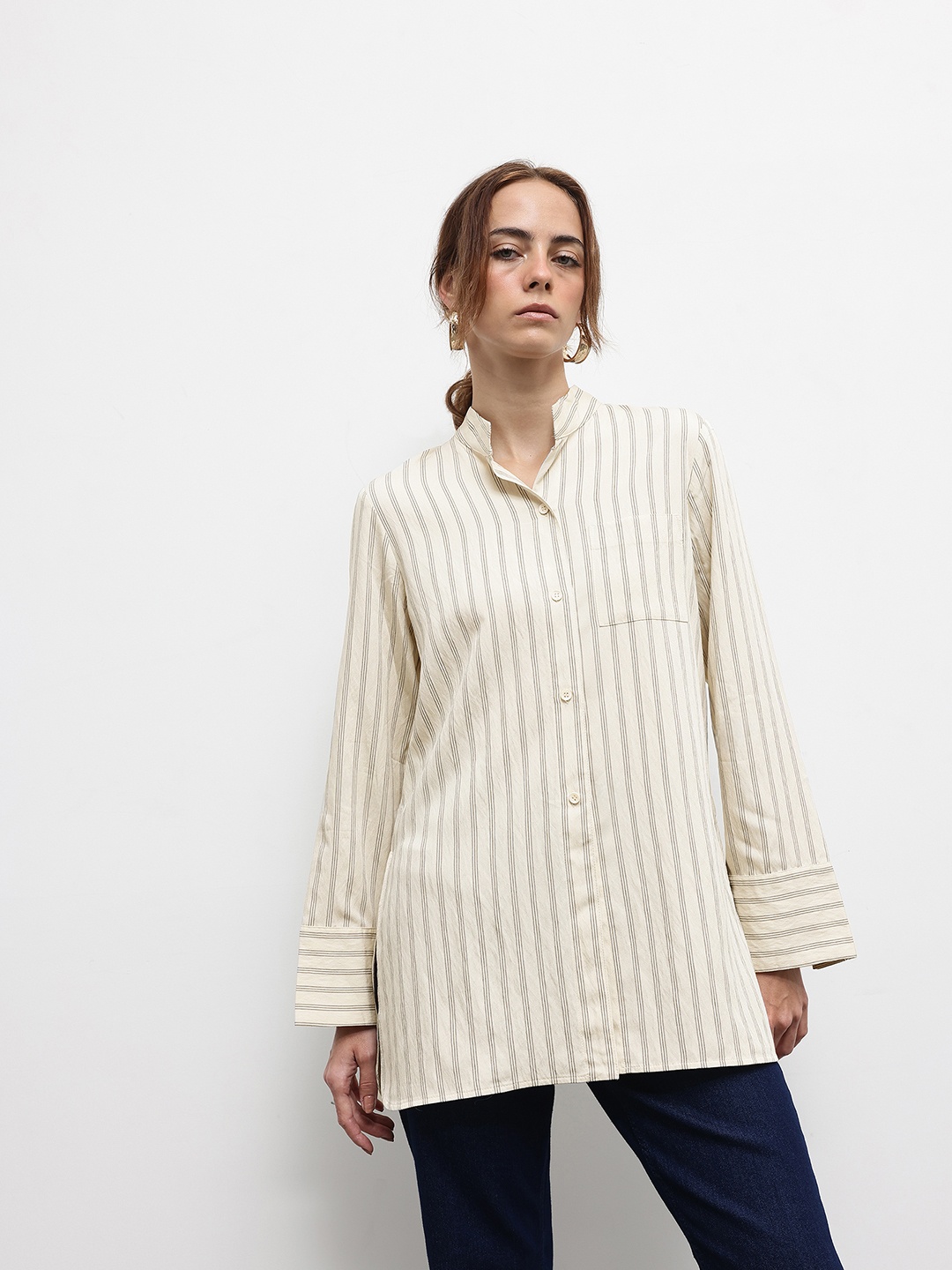 

ZARA Striped Longline Shirt, Beige