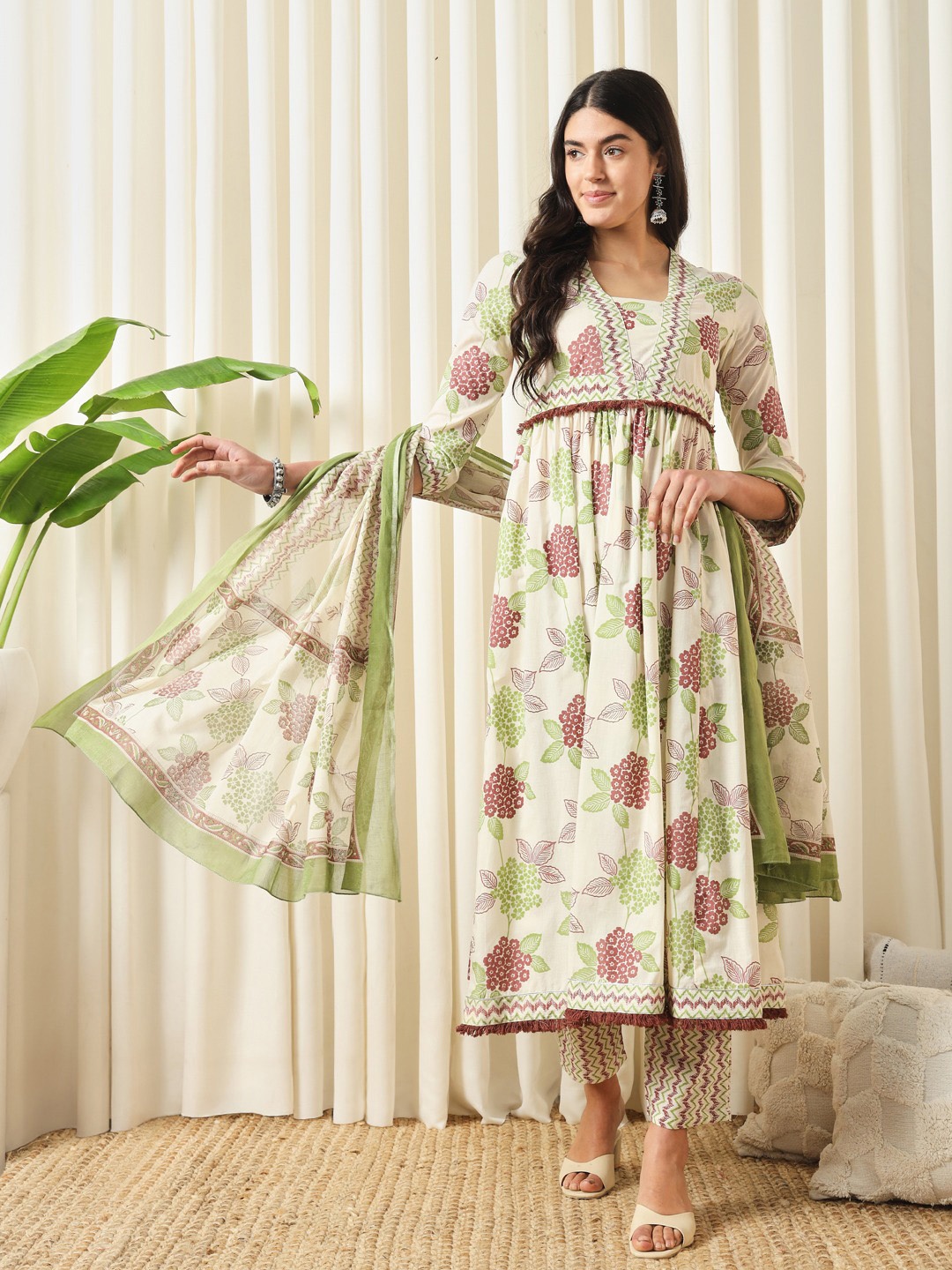

KALINI Floral Printed Empire Pure Cotton Anarkali Kurta with Trousers & Dupatta, Green