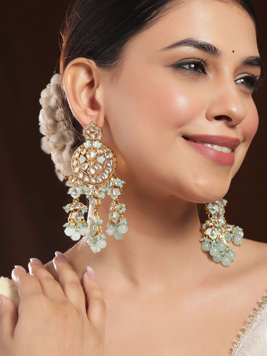 

Rubans 18K Gold-Plated Mint Green & White Kundan Studded Chandbali with Beaded Detailing