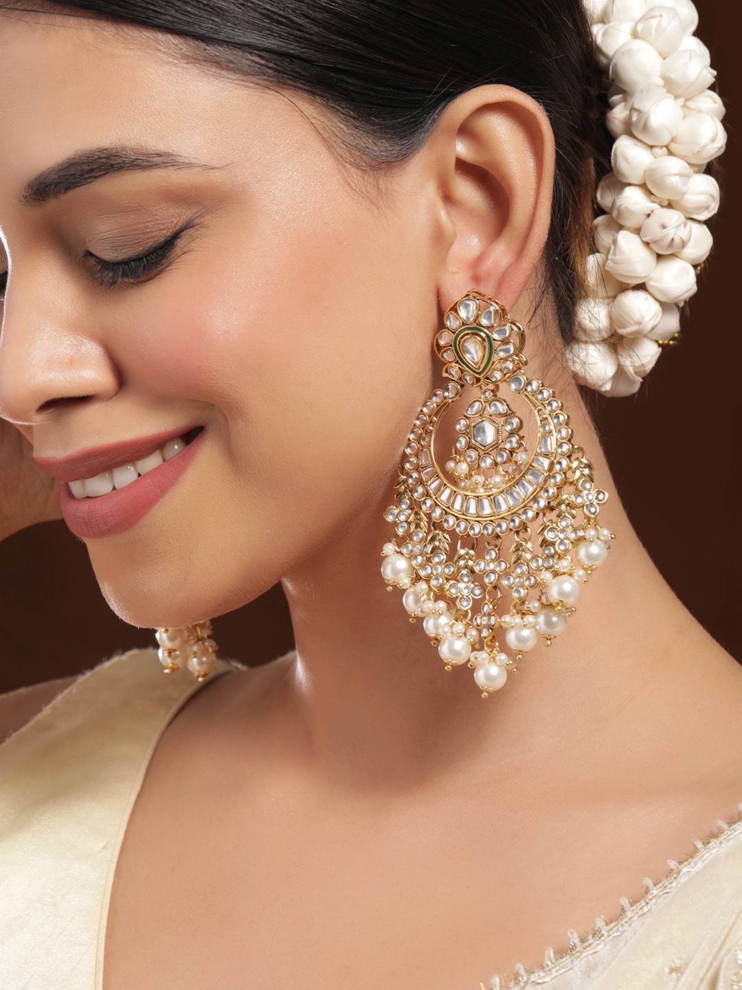 

Rubans 18K Gold-Plated Kundan Studded Traditional Long Chandbali Earring with Pearl Drop