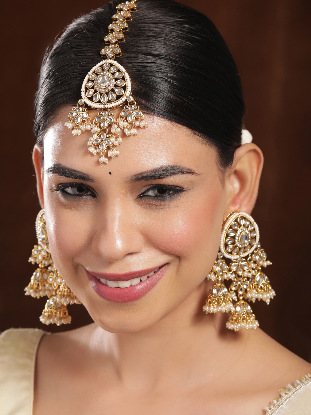 

Rubans 18K Gold-Plated White Kundan & Pearl Studded Traditional Maang Tikka & Earrings Set