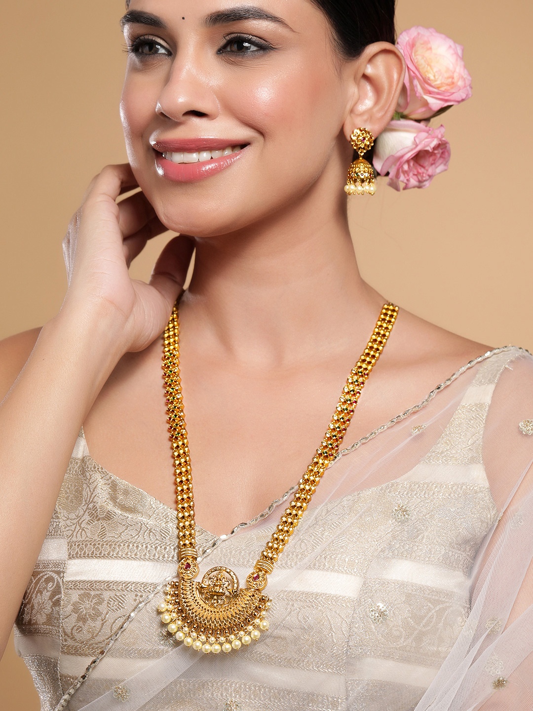 

Rubans 22K Gold-Plated Traditional Temple Jewellery Set with Lakshmi Motifs & Pearl Drops