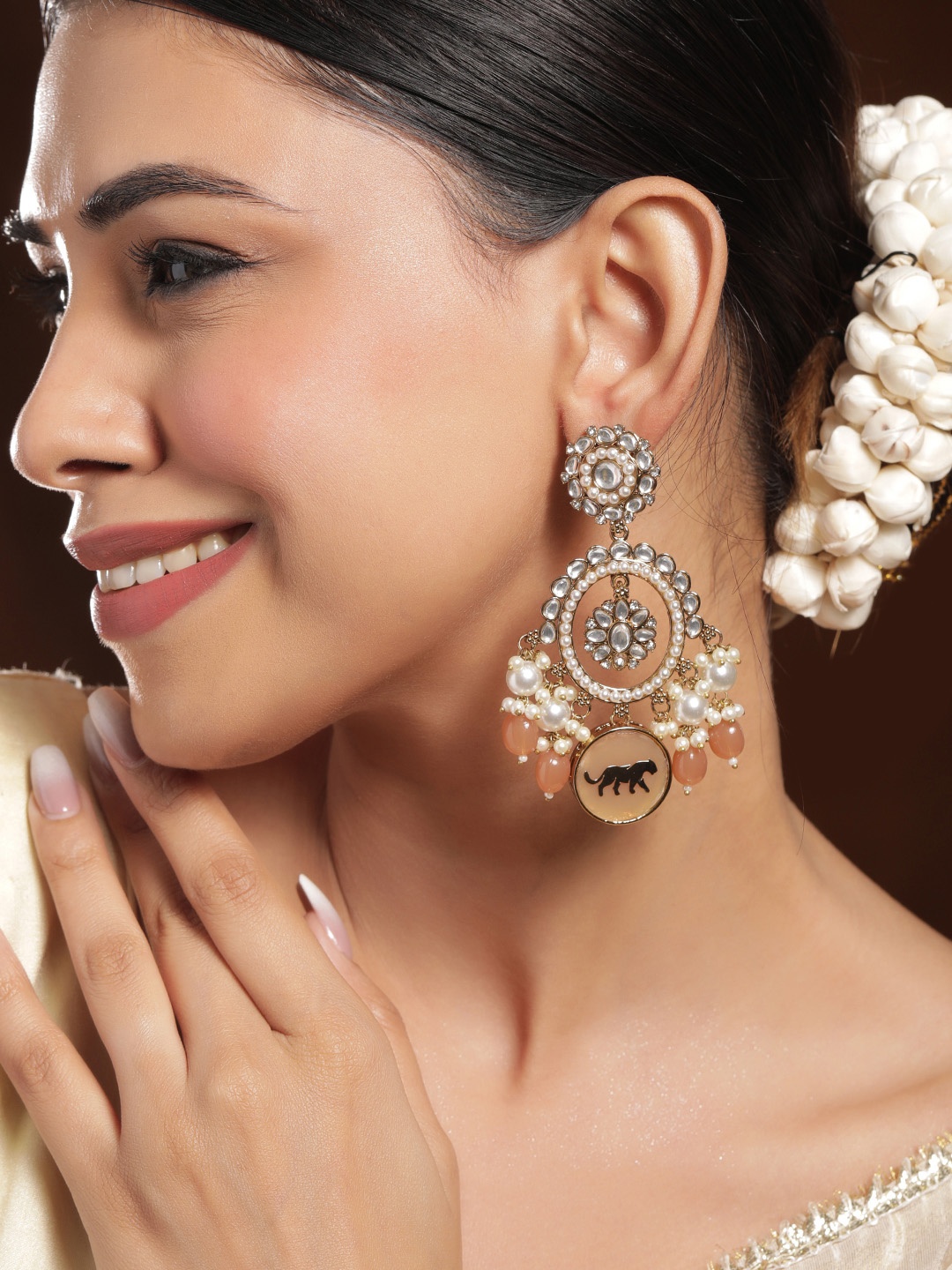 

Rubans 18K Mehandi Gold-Plated Kundan, White & Peach Pearl and Beads Chandlier Earrings