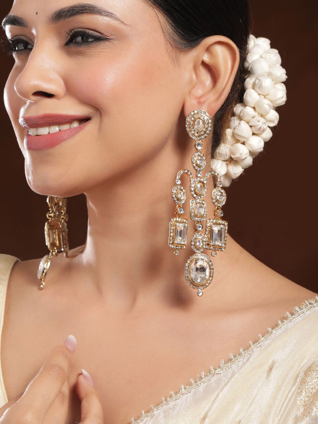 

Rubans 22K Mehandi Gold-Plated Crystal White Cubic Zirconia Studded Chandelier Earrings