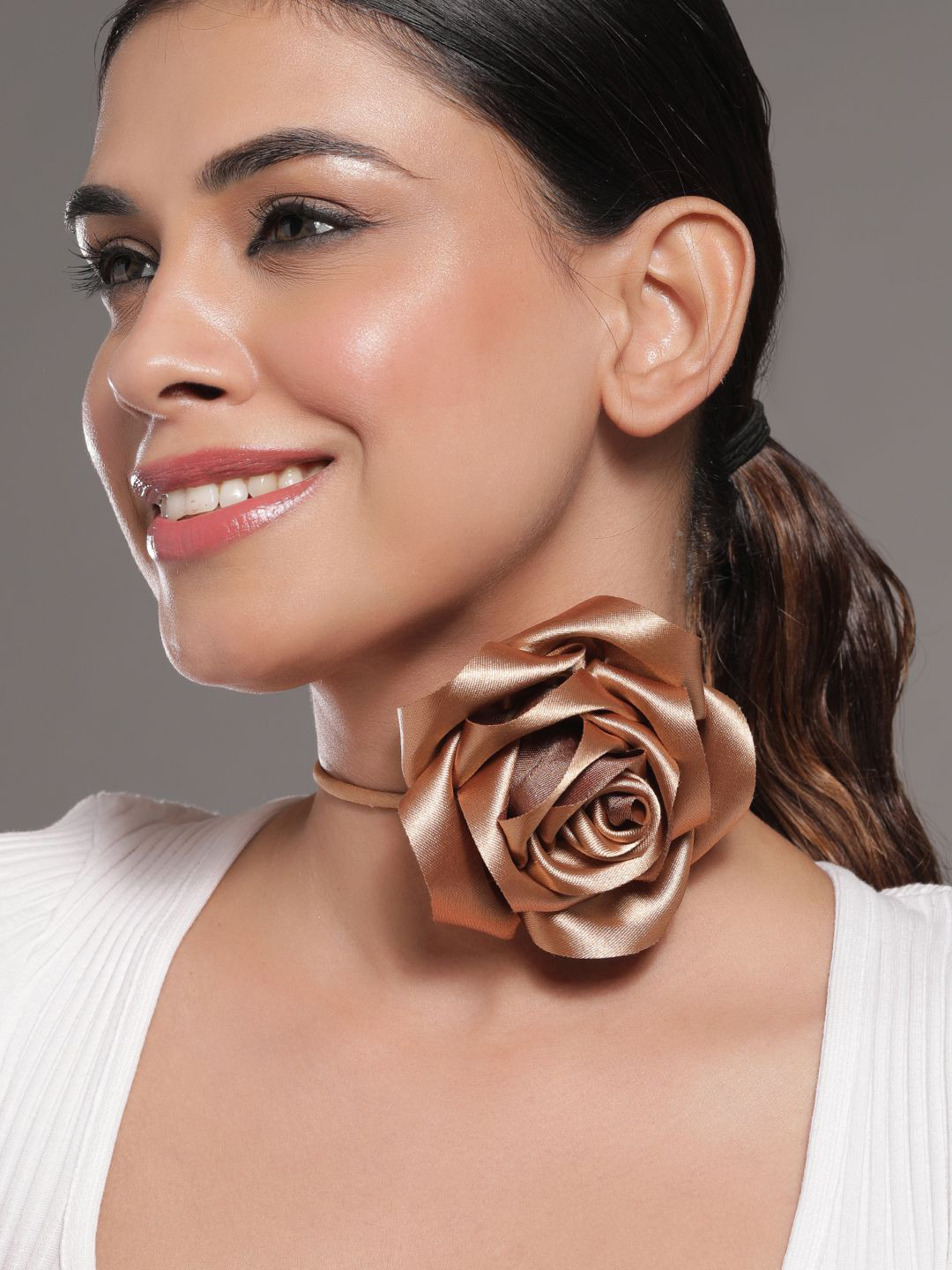 

Rubans Luxe Champagne Gold Satin Rose Choker Necklace - Bold, Stylish Statement Piece
