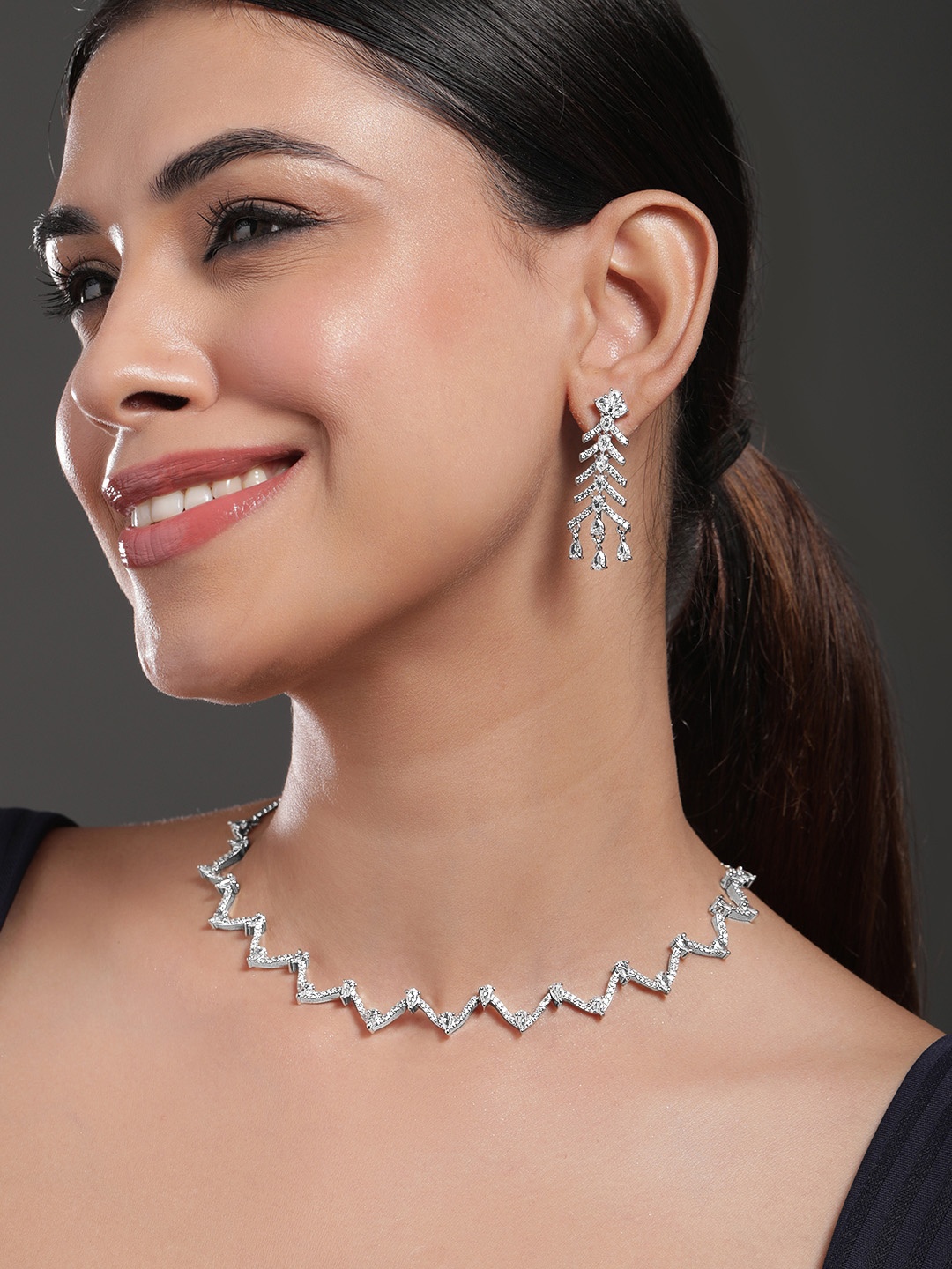 

Rubans Rhodium-Plated White Cubic Zirconia Zigzag Design Necklace Set with Drop Earrings, Silver