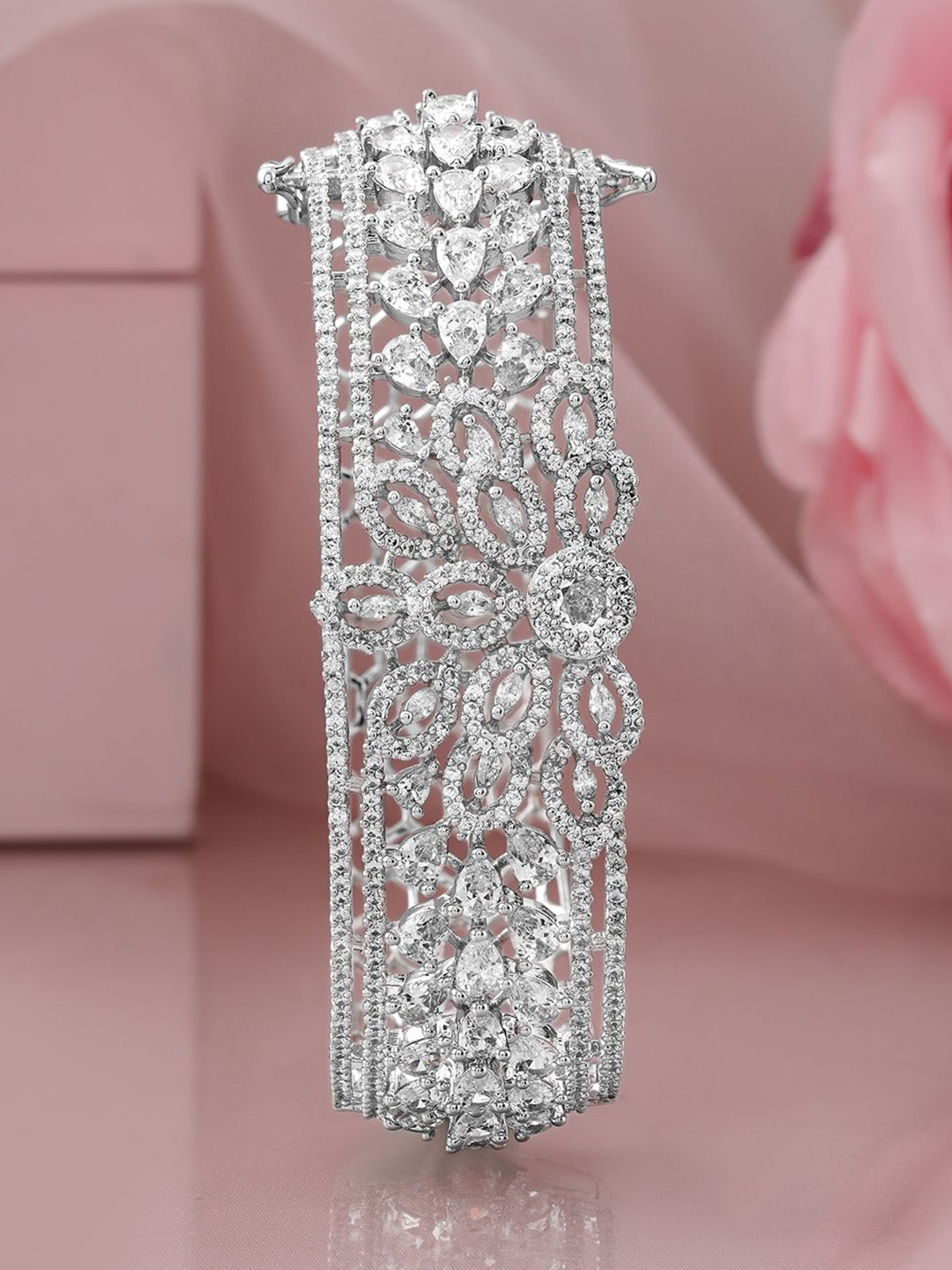 

Rubans Rhodium Plated Premium Quality Cubic Zirconia Studded Openable Bracelet, Silver