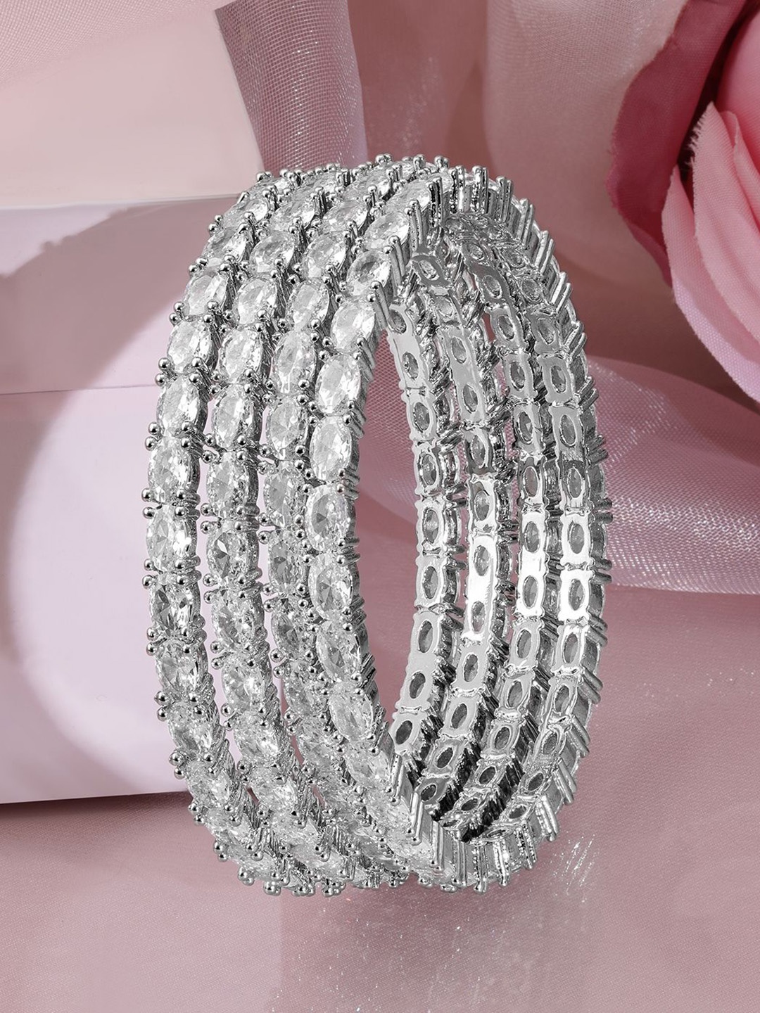 

Rubans Set of 4 Rhodium-Plated Crystal & Cubic Zirconia Studded Premium Bangles, Silver