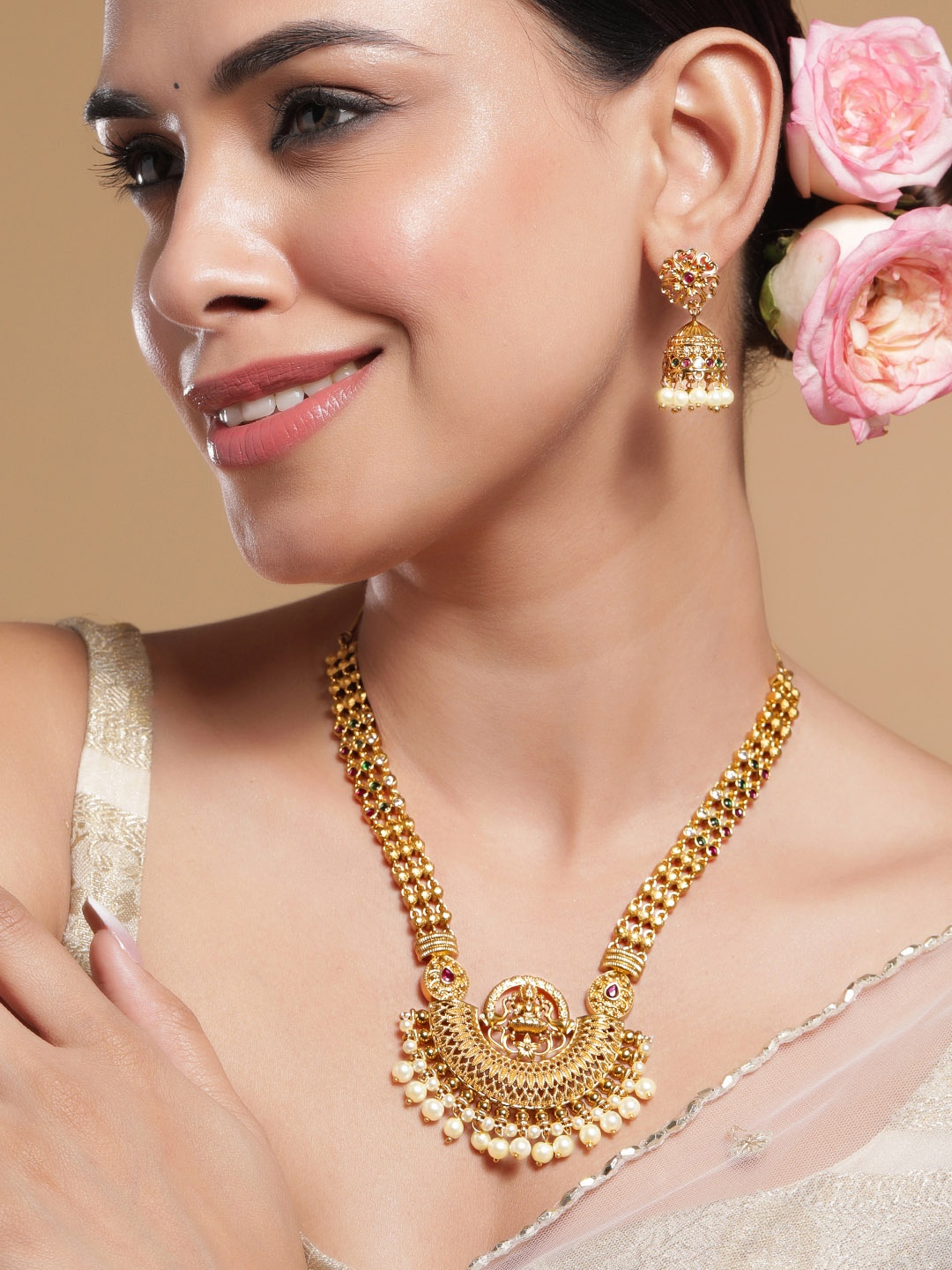 

Rubans 22K Gold-Plated Traditional Laskhmi Motifs Temple Jewellery Set with Pearl Drops