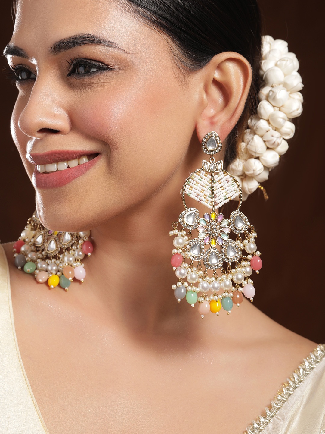 

Rubans 18K Mehandi Gold-Plated Multicolor Beaded & Kundan Long Chandlier with Pearl Accent